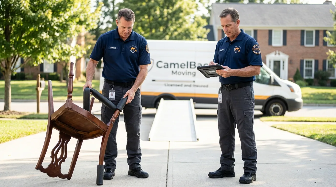 Movers inspecting furniture for damage prevention before loading in Rocky River, OH