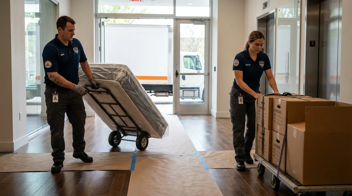 Professional apartment movers loading elevator in Rocky River, OH