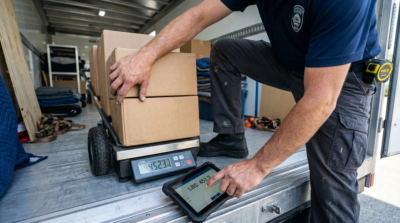 M crew verifying box weight on certified floor scale before long distance transport